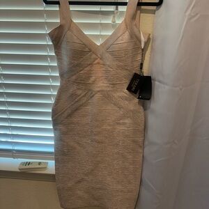 Terani Couture RoseGold Sleeveless V-Neck Bodycon/Bandage Mini Dress